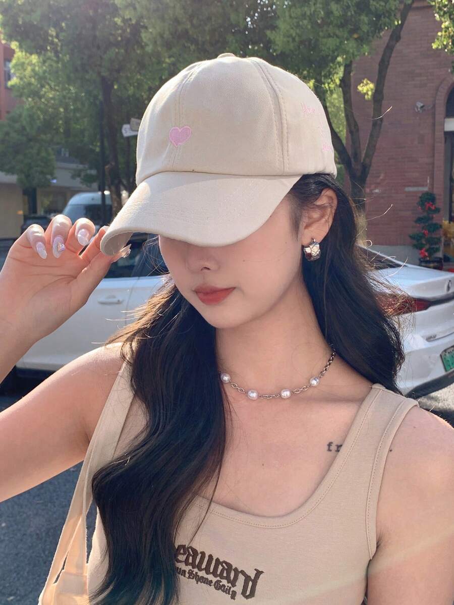 心形刺绣高马尾半网纱棒球帽，夏季女士百搭遮阳帽 - 彩色 - 查看 1