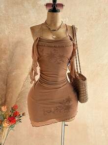 Vestido mini con volantes, gradiente naranja atardecer, con flores de strass, adecuado para vacaciones, citas, té de la tarde, playa, crucero, vacaciones en la isla, viaje a la ciudad, festival de música, vacaciones bohemias, fiesta, se puede usar dentro o fuera, conjunto de playa - Caqui - Ver 3