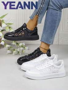 Giày thể thao nữ YEANN 2026 mới, chất liệu lưới ren hoa, thoáng khí, kiểu dáng casual buộc dây, phối hai tông màu đen trắng, thích hợp mang hàng ngày. - màu đen - Xem 9