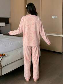 女士两件套睡衣：V领上衣和裤子，亲肤家居服，春秋季两件套，秋冬服装 - 粉色 - 查看 2