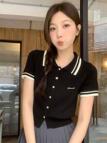 Áo thun tay ngắn cổ polo dệt kim kiểu Pháp mùa hè, áo cardigan mỏng cho nữ. - màu đen - Xem 1
