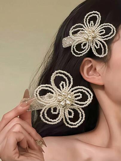1pc Women New Elegant And Fashionable Pearl Flower Glittering Diamond Hairpin For Side Clips, Half-Up Hairstyle Top Clip Headpiece Hair Accessory