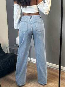 Pearl Beaded Baggy Wide Leg Jeans For Women Light Wash Blue Y2K Casual Denim Pants--Perfect For Daily / Holiday / Date / Vacation / Party / Beach / Getaway / Everyday / Night Out/Mothers Day Outfit - 藍色 - 查看 5