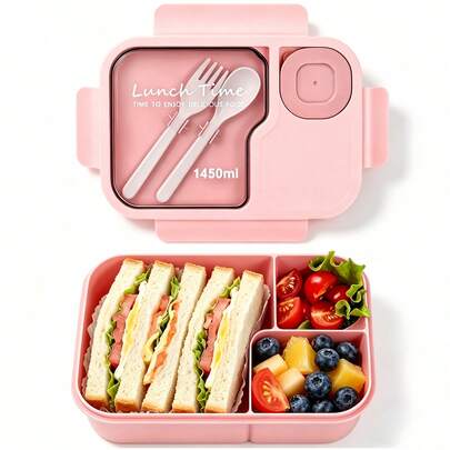 1 hộp cơm bento, hộp đựng thức ăn cho người lớn kèm thìa nĩa và lọ đựng nước sốt, dùng được trong lò vi sóng và máy rửa chén, thích hợp cho dã ngoại ngoài trời, tiệc tùng, ăn uống trong nhà bếp.