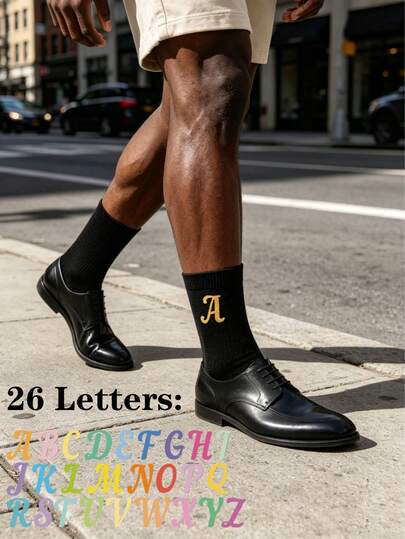1 Pair Personalized Initial Letter 26 Alphabet Mid-Calf Socks, Minimalist Style, Comfortable & Breathable For Daily And Business Wear. A Thoughtful Gift To Commemorate Your Loved One's Initial, Surprise Gift For Spouse, Parents