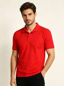 Men's Basic Short-Sleeve Polo Shirt, Breathable Cotton, Casual, Stylish, Various Colors - 紅色 - 查看 5