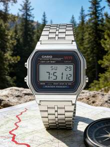 Casio 复古数字腕表，男女皆宜，银色不锈钢表带，复古方形表盘，带闹钟和计时功能，12/24 小时防水 | Y2K 美学经典 | 节日、旅行、街头风必备礼物 - 卡西歐 - 查看 12