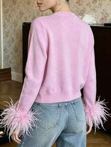 Women Fur Trim Button Up Cardigan Shirts Long Sleeve Feather Patchwork Open Front Knit Tops Fall Fashion Holiday Sweater Jacket Outwear - Pink - View 4