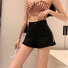 High-Waisted Zipper Design Denim Shorts In White. Unique, Street Style, Casual, Cargo, School, Half-Pants, Denim Shorts, Black Trousers, Women's Shorts, Women's Loungewear, Women's Shorts, Women's Pants, Skirts, Y2K Denim Pants, Women's Spring Clothes, Denim Trousers, Summer Clothes, Women's Shorts, Half-Pants. - Black - View 7
