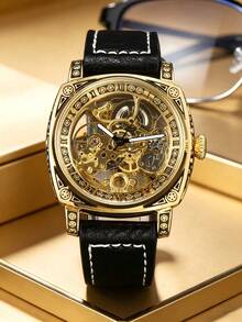 1pc Men's Hollow Automatic Mechanical Watch, Retro Luxurious Style Leather Band Watch, Suitable For Daily Wear And Gift Giving - Gold - View 5