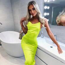 Vestido midi largo de satén neón con cordones para mujer, rosa claro, ceñido al cuerpo, sin espalda, elegante, sexy, para fiesta, ropa de club, conjunto de verano 2022 para cena. - nz7018-verde - Ver 5