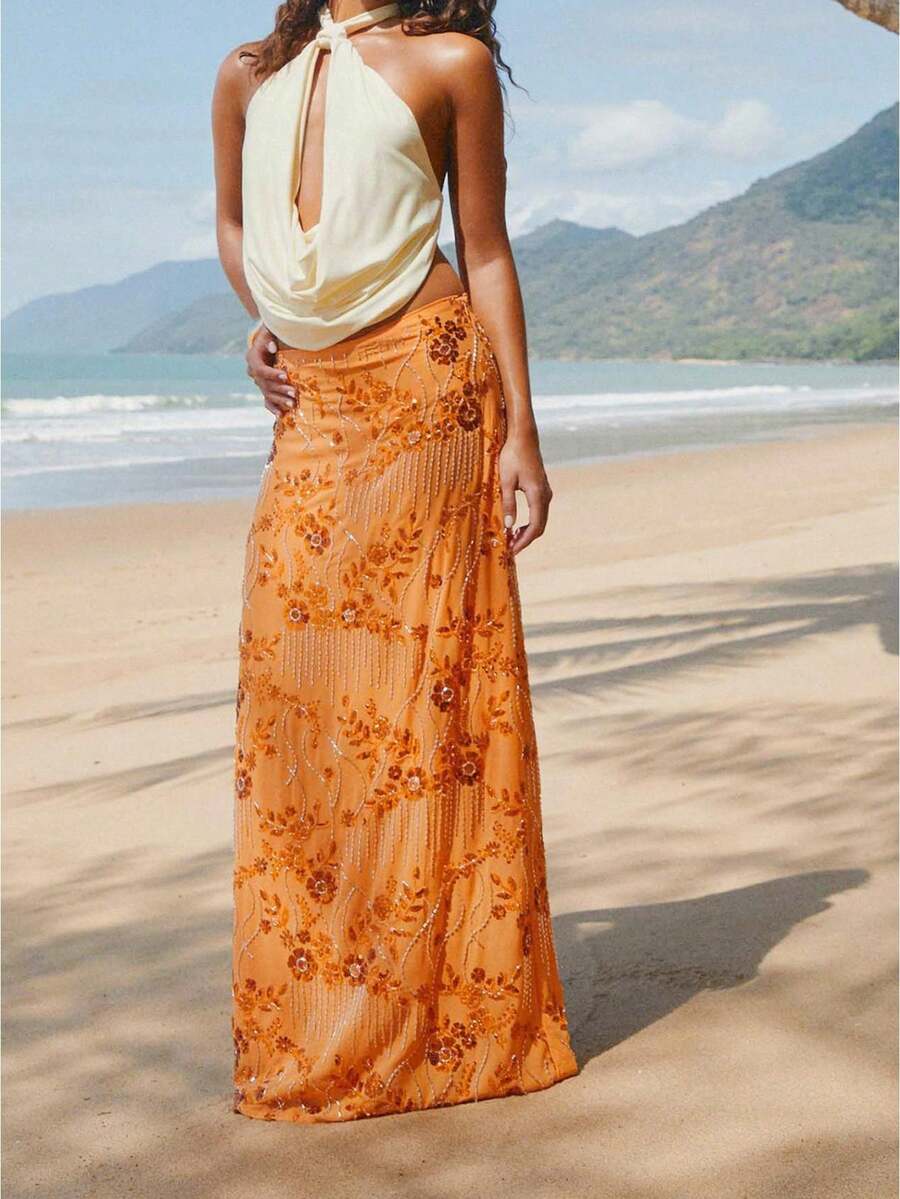 Women Summer Skirt Casual Elegant Sequin Floral Embroidery Long Skirt For Beach Vacation Club Streetwear - 橘色 - 查看 1