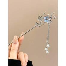1pc Colorful Crystal Flower, Butterfly & Branch Decor Faux Pearl Tassel Alloy Hair Clip, Bun Extension, Hair Styling Pins, Hair Accessories For Women - Bạc - Xem 3