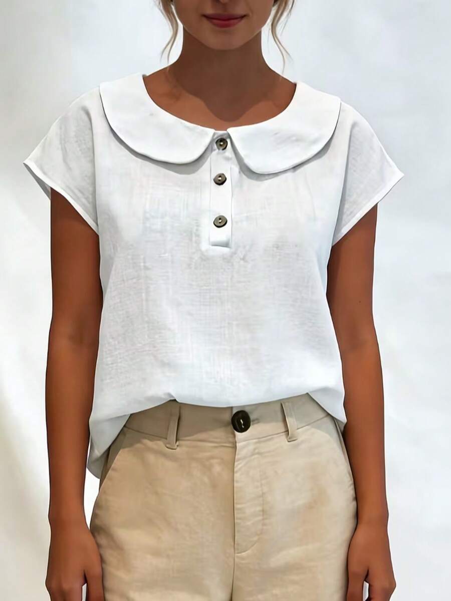 Camisa de mujer ligera de verano casual - Diseño de cuello corto, ajuste cómodo y transpirable, adecuada para playa, vacaciones y uso en primavera/verano/otoño, elegante y minimalista, camisa de verano linda, blanca - Blanco - Ver 1
