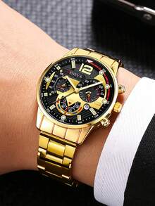 Bộ 4 món thời trang nam gồm đồng hồ thạch anh, vòng tay kiểu Cuban Link mới, mặt dây chuyền chữ A và nhẫn, phong cách Hip-Hop, món quà tuyệt vời. - Vàng - Xem 4
