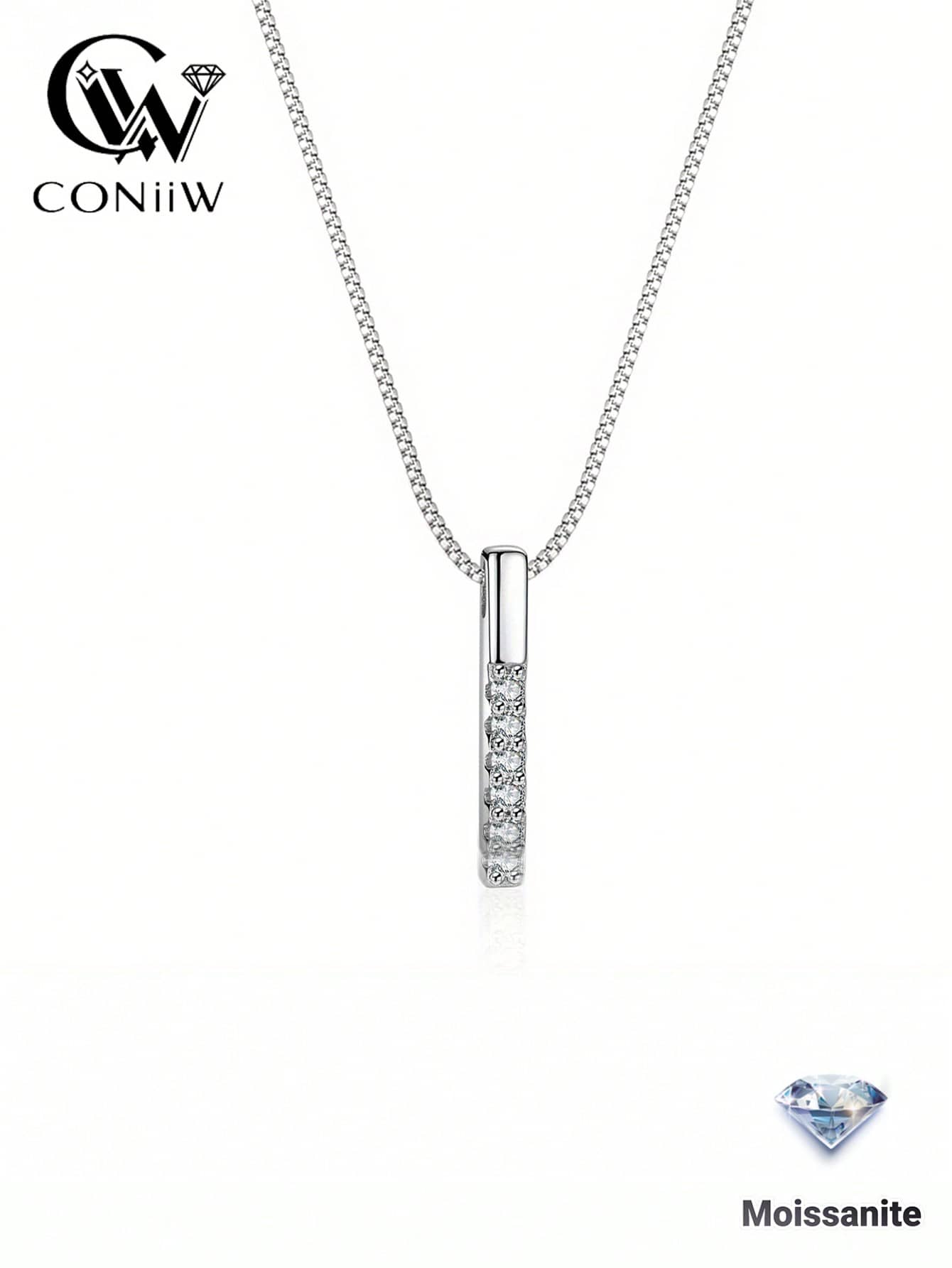 ConiiW 这款925纯银高品质莫桑石吊坠项链，专为女性设计，款式时尚，直筒设计，搭配精致饱满的宝石吊坠。简约、优雅、时尚、百搭，设计精巧。独特、创意十足，略带奢华感。活泼、清新、甜美、优雅、温柔、成熟、休闲、经典、简约，皆可驾驭。