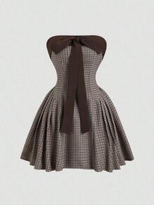 Vestido casual cómodo de corte evasé con bloque de color, lazo y estampado de pata de gallo, nuevo para otoño/invierno, color marrón - Verde militar - Ver 7