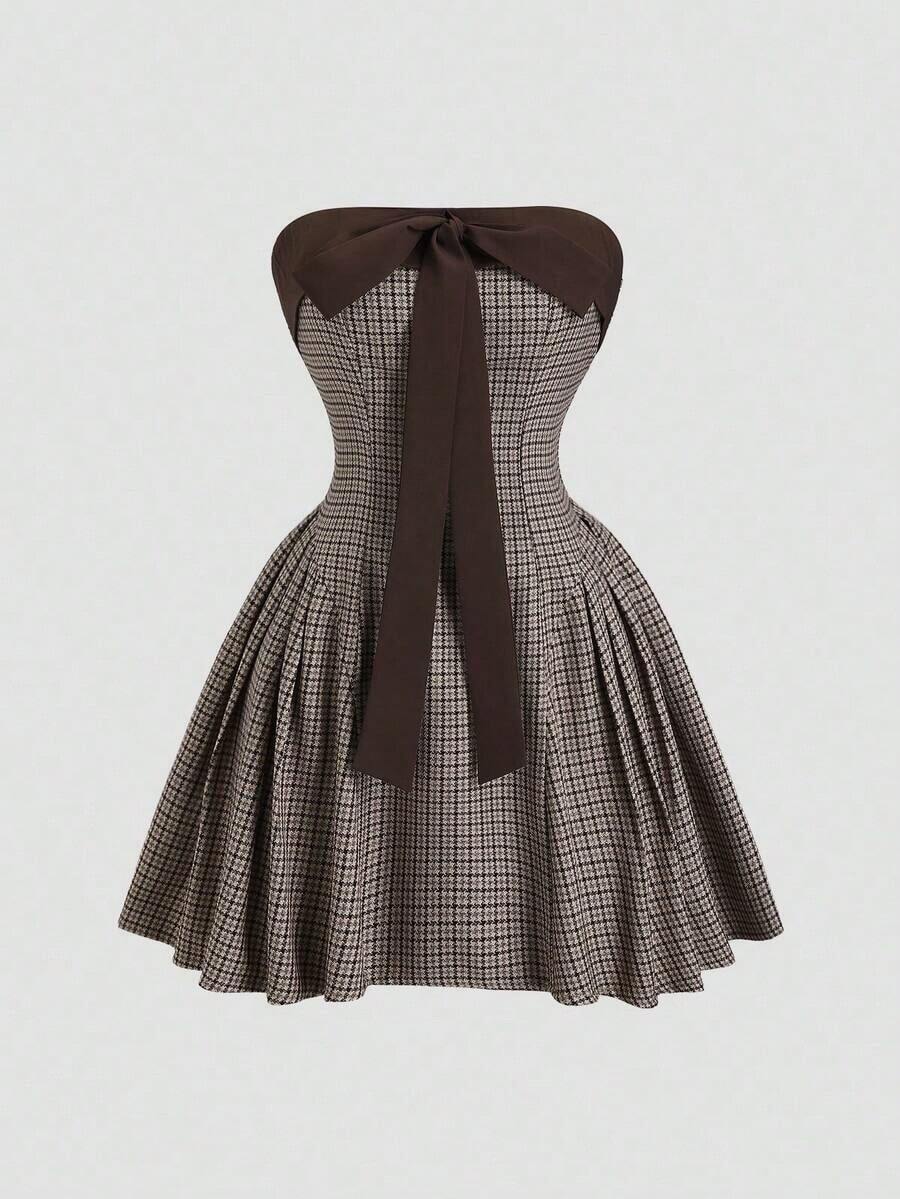Vestido casual cómodo de corte evasé con bloque de color, lazo y estampado de pata de gallo, nuevo para otoño/invierno, color marrón - Marrón - Ver 1