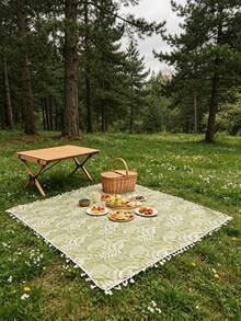 1pc Oversized Outdoor Picnic Blanket, Made Of High-Quality 100% Polyester Fabric, Elegant Green Leaf Print Design With Fringed Decor, Soft & Durable Foldable, Suitable For Forest Camping, Beach Vacation, Backyard Picnic And Family Gathering, Portable Decorative Camping Mat - Color - View 22