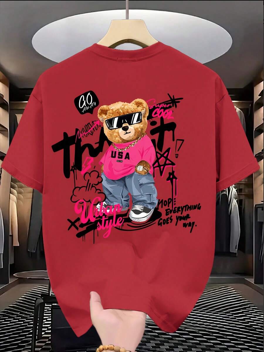 Summer TopsStylish T-Shirt Featuring An Adorable Bear Design, Relaxed Fit With Short Sleeves, Perfect For Everyday Wear, Door Activities, And Shopping - 紅色 - 查看 1