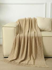 1pc Solid Color Knitted Throw Blanket With Tassels, Soft Textured Woven Blanket For Couch Sofa Bed Living Room Home Decor - YU Khaki - View 10