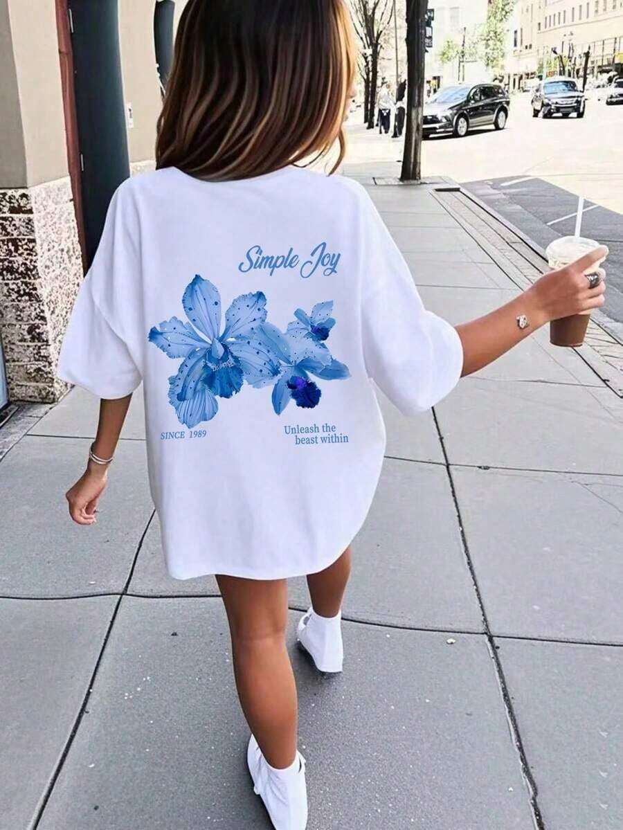 Playera minimalista moderna1 pieza Camiseta oversize para niñas - Lavable a máquina, Camiseta con estampado de flores de hibisco, Adecuada para viajes y vacaciones de niños, Verano, Ropa de niñas