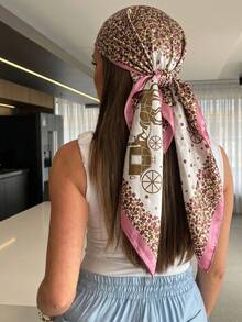 1 pieza Pañuelo/Bandana de mujer con estampado floral casual, estilo bohemio de vacaciones, pañuelo de seda para el cabello, adecuado para fiesta de piscina de verano, festival de música en la playa, estilo callejero, esencial de viaje, vacaciones - Rosa - Ver 3