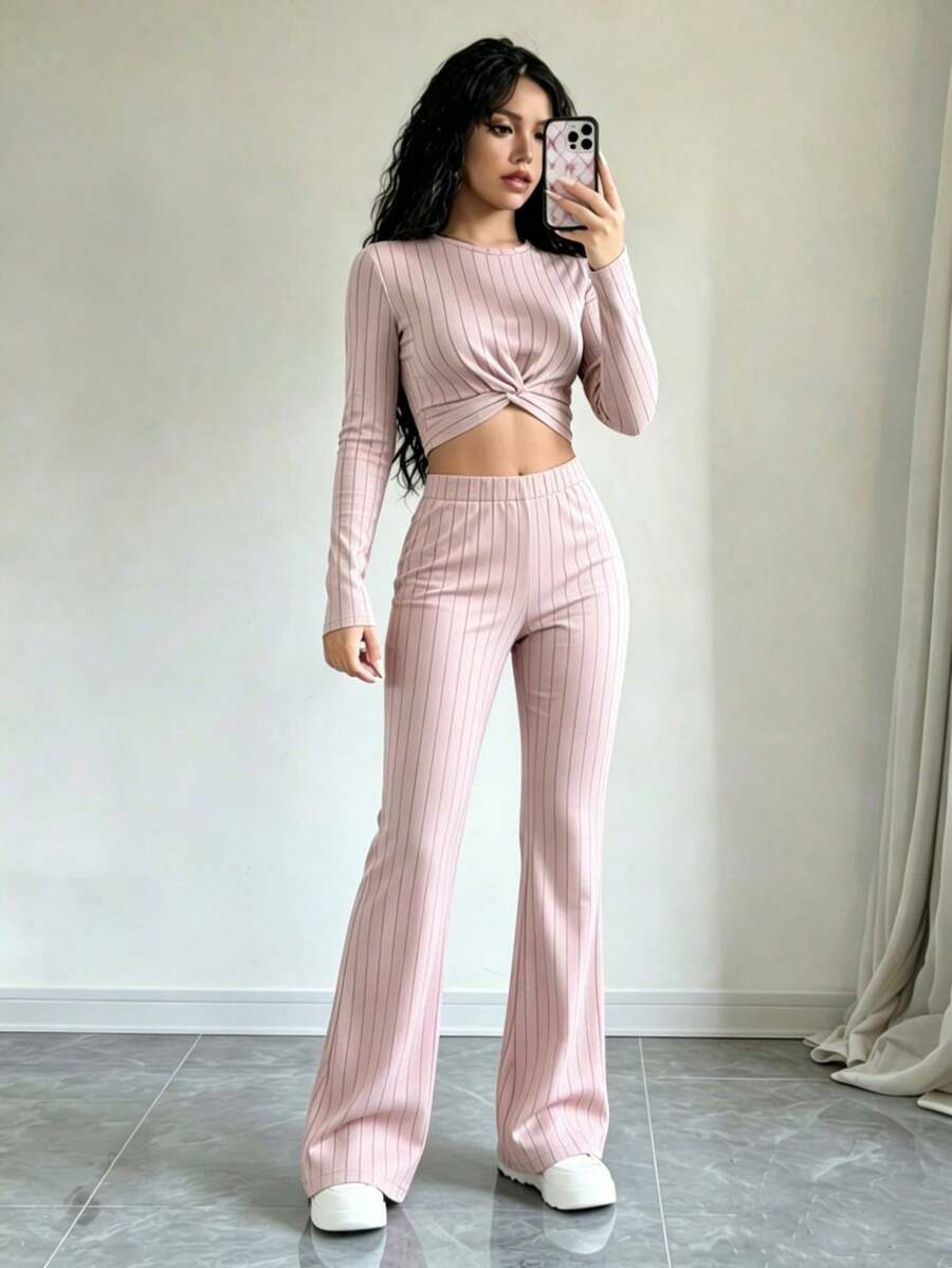 Conjunto De Blusa Corta De Manga Larga Y Pantalón Para Mujer Con Diseño De Bloques De Color - Rosa Pálido - Ver 1