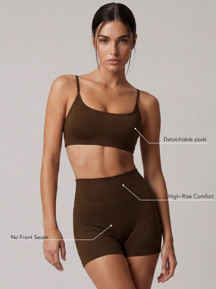 Sodalemon 2pcs Women's Fitness Set, Including Padded Sports Bra Without Straps, Seamless Outdoor Cycling Shorts, And Elastic Fitness Training Sportswear Set - màu nâu - Xem 1