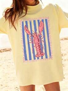 Graphic Women T‑Shirts,Women'S Pink Lobster And Blue Striped T-Shirt | White Casual Summer Beach Wear, Vertical Stripes And Wave Print, Pink Lobster Design, Short Sleeve Round Neck Top, Suitable For Vacation, Pool Party, And Daily Wear,Summer Clothes,Easter Outfits For Women,Mother's Day Gift Outfits,Women's Oversized Fun Graphic T-Shirt.Sophisticated Print Of Simple Letters, Ideal As A Basic Garment; Made From Soft Fabric With Excellent Drape. - 杏色 - 查看 7