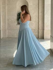 Plus Size Elegant Charming Fashion Date Night Holiday Wedding Romantic Fitted Pleated Dress Summer - Blue - View 3