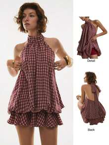 Vestido corto de verano para mujer con cuello halter, espalda descubierta y volantes con estampado de cuadros - Café integral - Ver 8