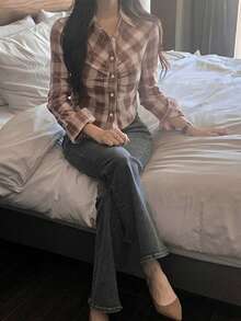 YCYC Korean Style Red Plaid Shirt Backless Tie-Up Slimming Vintage Hot Girl Long Sleeve Top - Multicolor - View 4