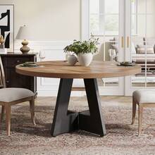 FINMIND 47 Inch Round Dining Table Wood Kitchen Table For Dining Room, 47" Dinner Room Tables For 4-6, Farmhouse Accent Furniture With Wooden Tabletop And Cross Base, Light Wood - Brown & Black - View 4