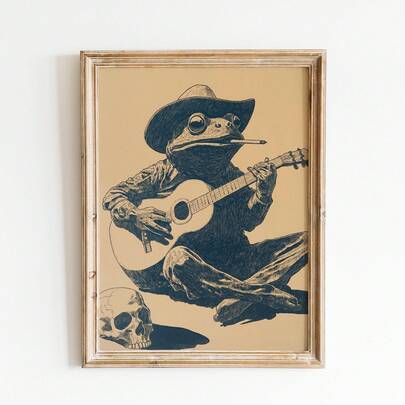 1 pieza Cuadro de pared de rana vaquera vintage Imagen divertida de rana tocando la guitarra con impresiones de calavera Pinturas en lienzo Estética occidental retro Póster para decoración del dormitorio, sala de estar y baño Sin marco / Con marco / Soporte de madera para póster