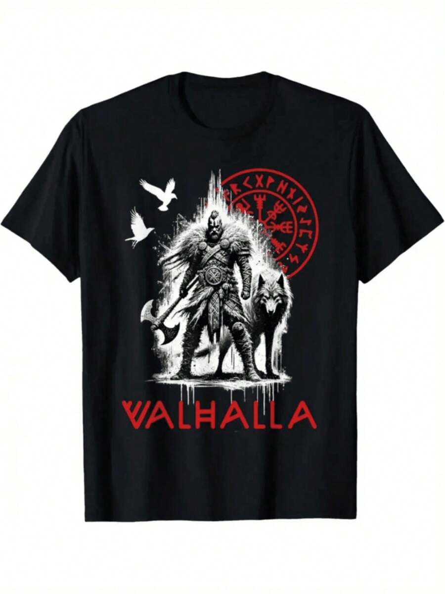 Auffälliges Design mit einem Wolf, einer Krähe und dem Vegvisir. Nordisches Symbol für Stärke, Mut, Führung und Prestige von Walhalla. Cam Herren-T-Shirt, Sommer-Outfit für Männer - Schwarz - Übersicht 1