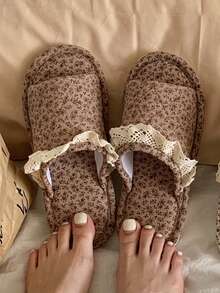 Women's Linen Slippers, Vintage Floral Lace Trim Design, Comfortable Soft Sole Indoor Slippers For Spring, Summer And Autumn, Suitable For Girls And Students - Coffee Brown - View 4