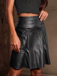 Giolshon Women's Elegant Faux Leather A-Line Skirt - PU Mini Skirt, Spring/Autumn Black - Black - View 5