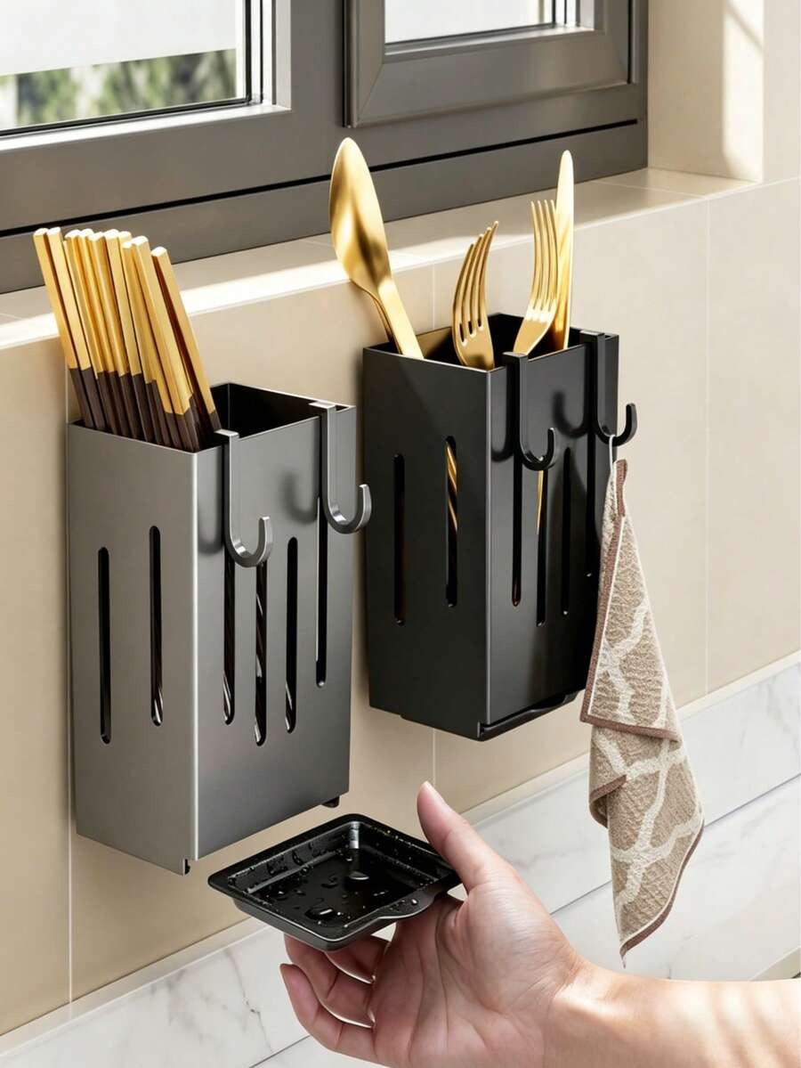 2pcs Storage Boxes, Multifunctional Kitchen Chopstick Holder Rack, Wall-Mounted Chopstick Drainer, Home Kitchen Organizer, Household Storage & Organization, Kitchen Accessories - Grey - View 1