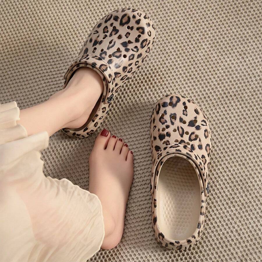 Women's Fashionable Leopard Print Breathable Slip-On Sandals, Comfortable & Versatile For Summer - Khaki - View 1