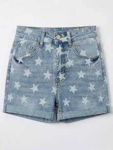 Quần short denim nữ in hình ngôi sao, kiểu dáng thường ngày dễ thương, ống thẳng, có túi, độ co giãn vừa phải. - Rửa nhẹ - Xem 5