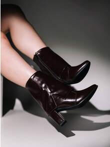 Women's Ankle Boot With Chunky Heel, Pointed Toe, Leather, Elegant And Comfortable - 鏽棕色 - 查看 5
