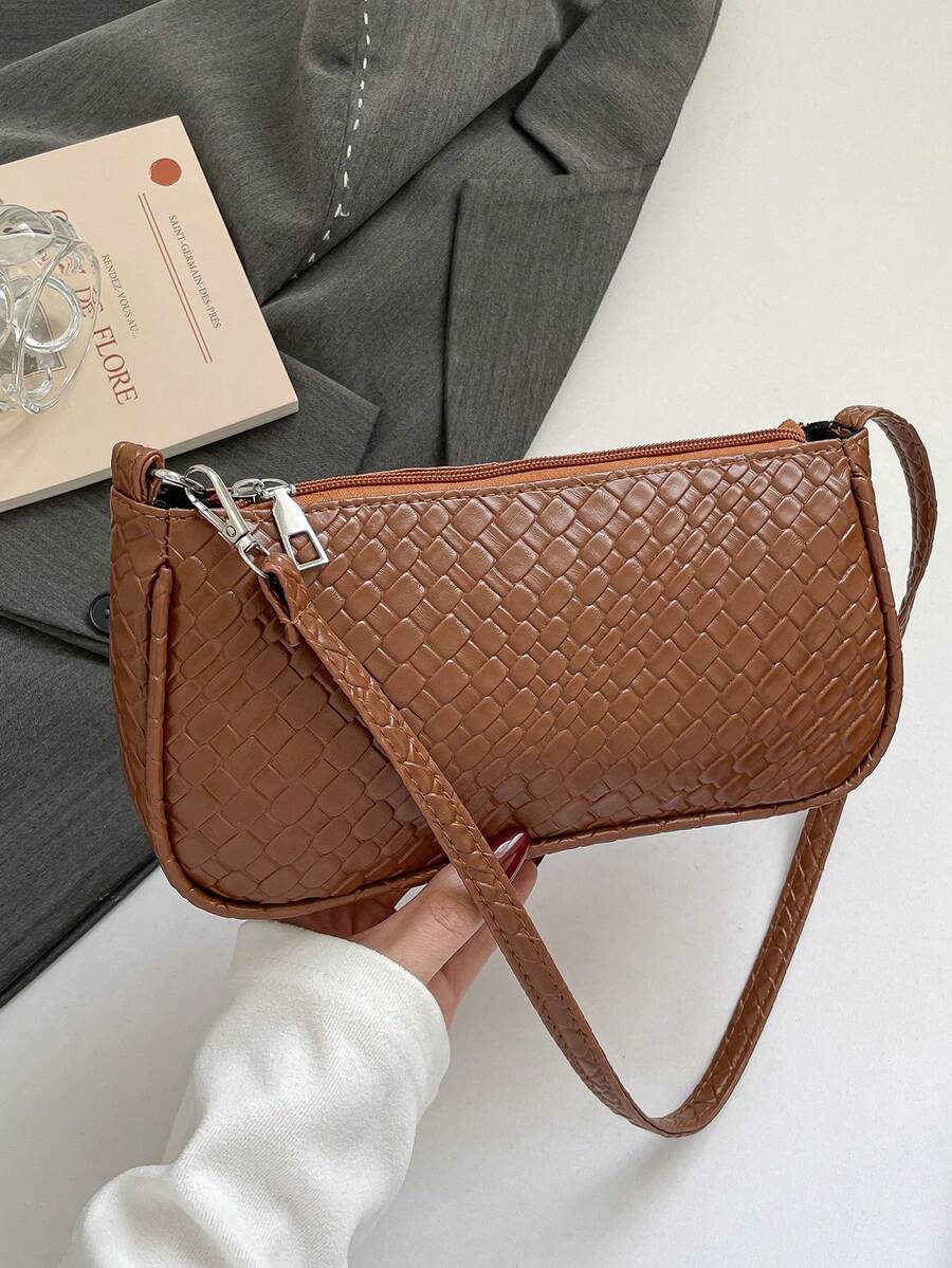 Bolso de hombro en forma de media luna de gran capacidad, con textura tejida, de estilo minimalista y elegante, de moda coreana para la primavera de 2026 - Marrón - Ver 1