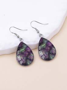 1 Pair Abstract Purple Flower Swirl Pattern With 316 Stainless Steel Teardrop Earrings, Vintage Minimalist Style Suitable For Women's Daily Wear And Gifts, Elegant Minimalist Jewelry Earrings Suitable For Women's Daily And Holiday Wear - Purple - View 6