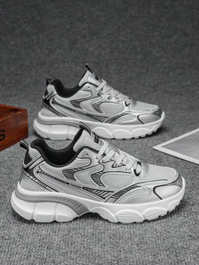Zapatillas deportivas con cordones metálicos de color gris de moda para hombres, zapatillas informales versátiles y ligeras con amortiguación de impactos para uso en exteriores