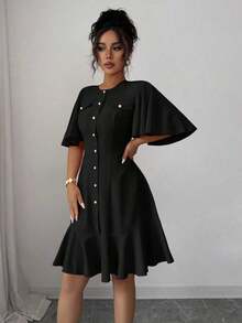 Vestido mini elegante de manga corta con bajo acampanado y patchwork - Negro - Ver 5