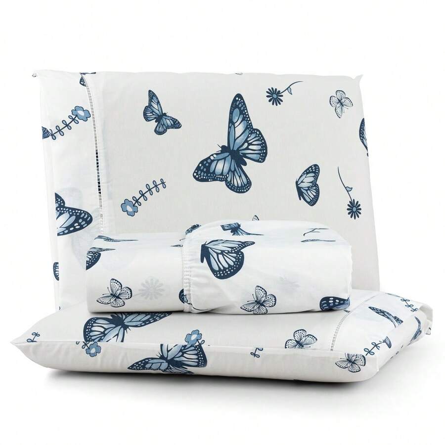 Premium Printed Fitted Sheet Set With Elastic + Pillowcases, 200 Thread Count, Single, Full, Queen And King Sizes, Hypoallergenic - Blue Butterfly - View 1