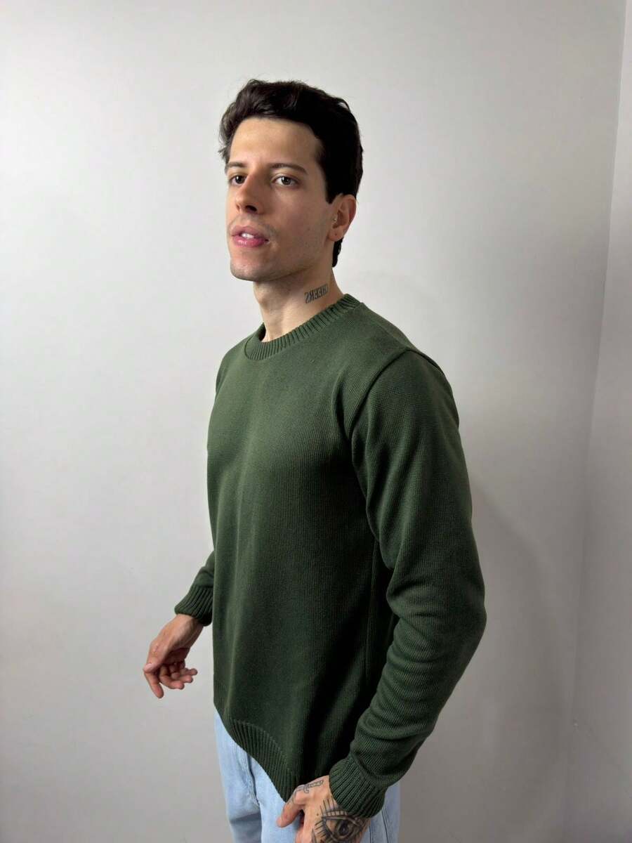 Men's Knitted Wool Sweater, Ribbed, Round Neck - Army Green - View 1