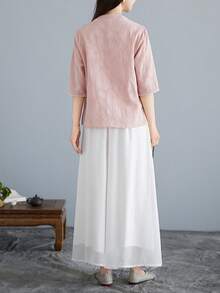 LUCIDVUE 2 pièces/Set Tenue Hanfu modifiée pour femmes Printemps/Été Costume Tang Top en lin Blouse rose Pantalon large en mousseline Jupe Tenue de yoga Élégante - Rose bonbon - Voir 6