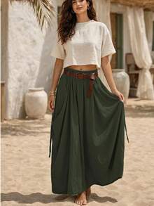 Women's Casual Boho Drawstring Pocket Loose Bohemian Skirt, Vacation Outfits - xanh quân đội - Xem 3